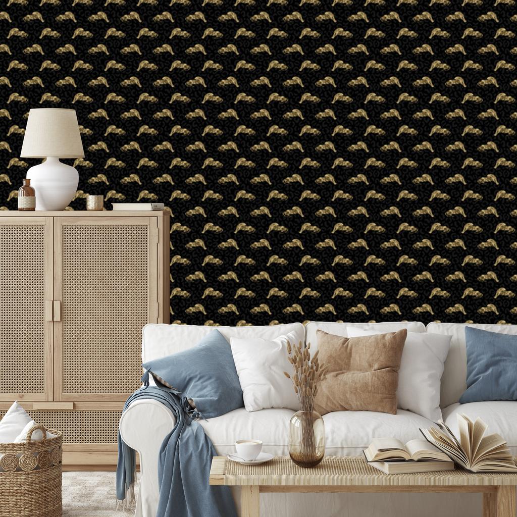 Black and Gold Tropical Pattern Wallpaper, Black, Ochre Background, 50x1000