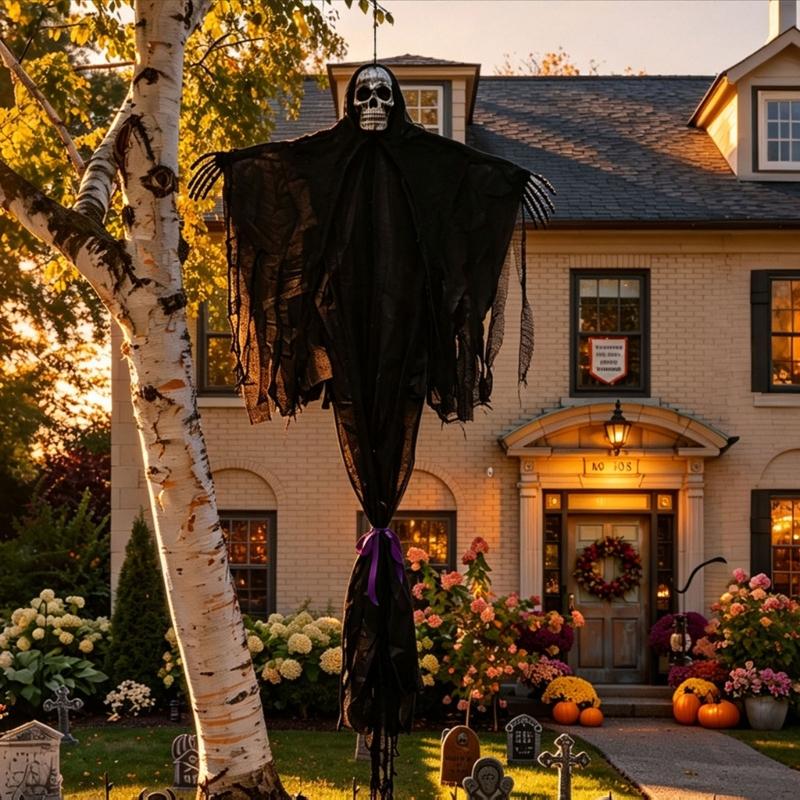 Hanging Halloween Spirit With Skull Face, Black Gauze Body and Tall Vertical Shape for Entryway, Porch, Wall, Tree or Party Table Display