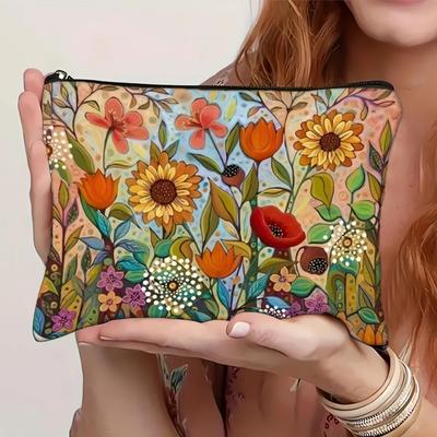 Leichte Tragbare Damen Make-up Tasche Große Kapazität Doppelseitig Bedruckte Handtasche Florale Kosmetik Aufbewahrungstasche