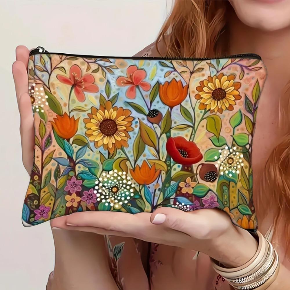 Lightweight Portable Women Makeup Pouch Large Capacity Double-sided Printed Handbag Floral Cosmetic Storage Bag