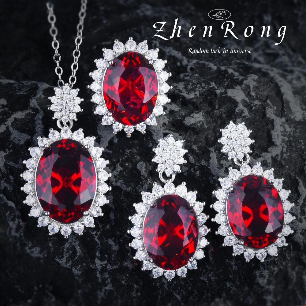 European American Luxury Red Ruby Jewelry Set Large Zircon Pendant Earrings Openable Ring Necklace for Women