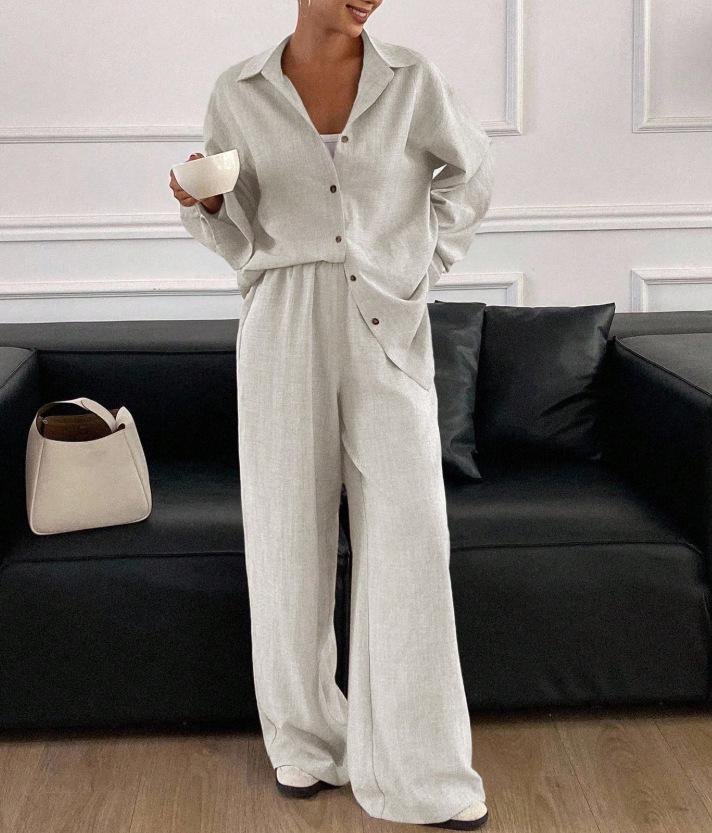 "2026 European & American Casual Cotton-Linen Two-Piece Set: Loose Long-Sleeved Shirt & Pants”