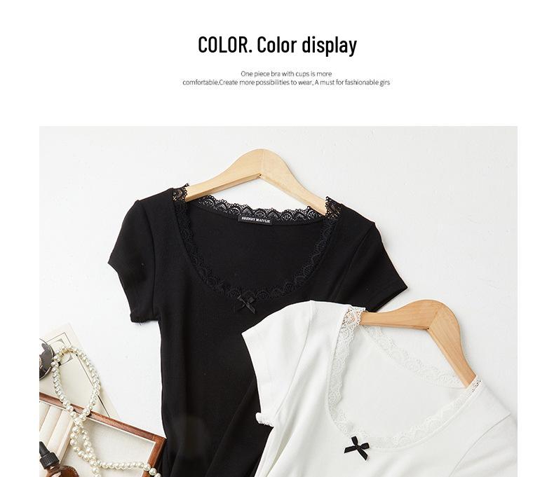 Women's Slimming Lace Trim Short Sleeve T-shirt - Korean Style Summer Base Layer