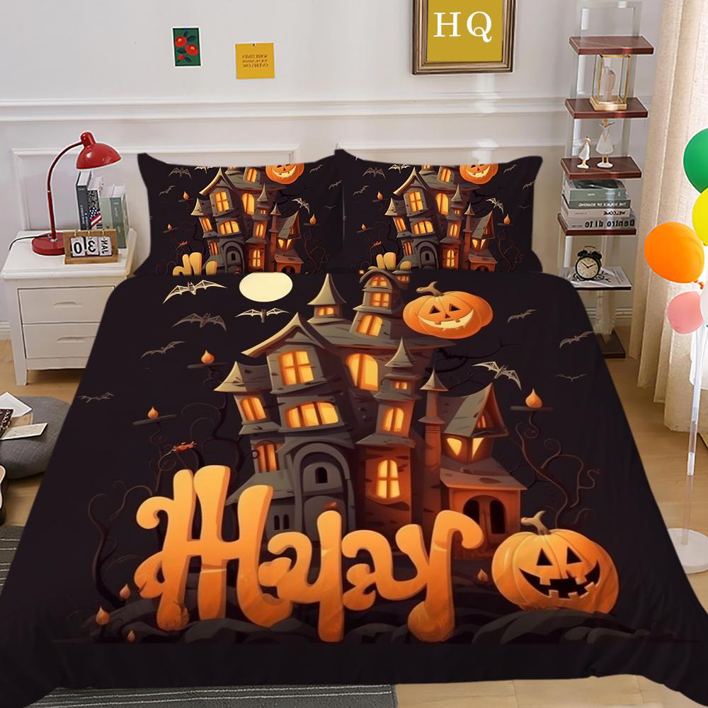 3D Halloween Home Bedding Set Pumpkin Ghost Quilt Cover Pillow Case 2/3 Pieces AU220 * 240 Full Size Soft and Easy To Clean Bedroom Decoration