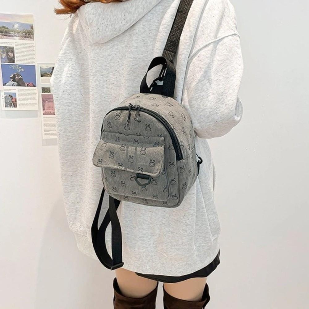 Fashion Cartoon Printed Mini Backpack Adjustable Shoulder Strap Corduroy Small Schoolbag Zipper Women's Backpack Women
