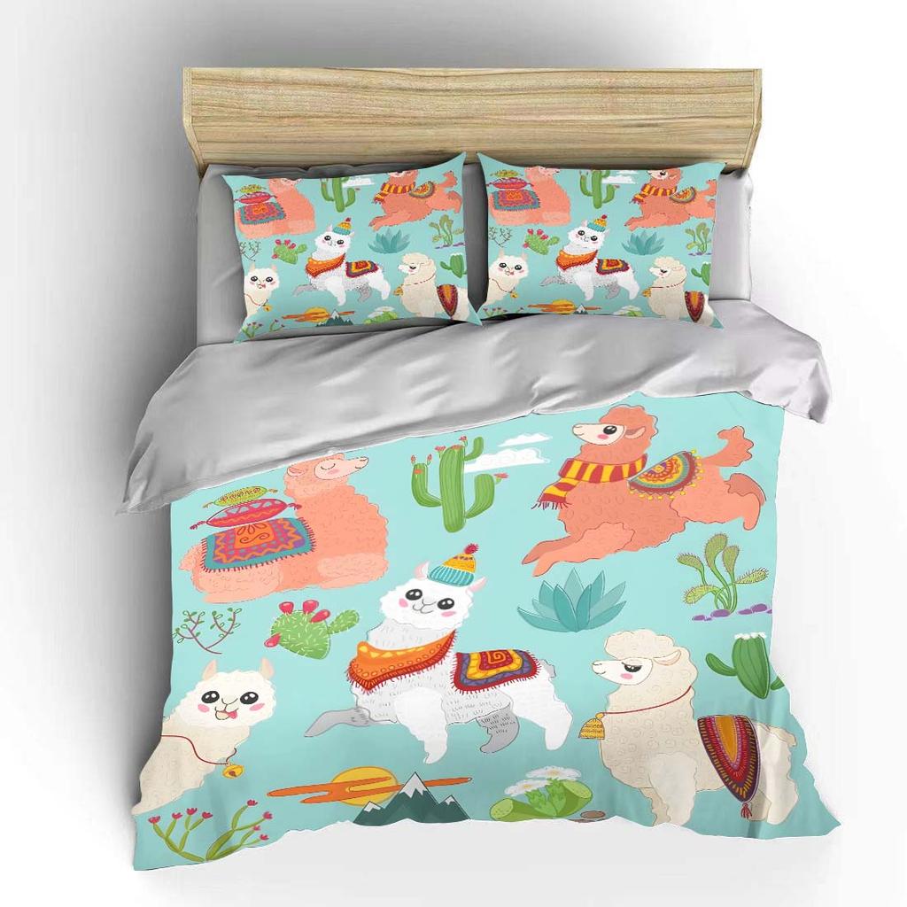 Cute Alpacas Cacti Illustration Bedding Set for Kids Luxury Gift 3pcs Digital Print Comforter Set Soft Comfortable Breathable