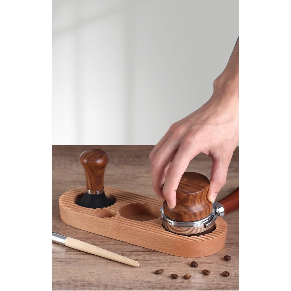 1 PC Coffee Tamper Base Fits 51/53mm And 58mm Coffee Machine Handles Beech Wood Coffees Tamper Stand Base With 4 Slot Bracket