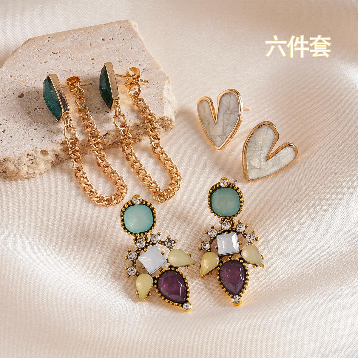 Six-piece set of zircon resin drip love geometric silver needle earrings fashion sense earrings