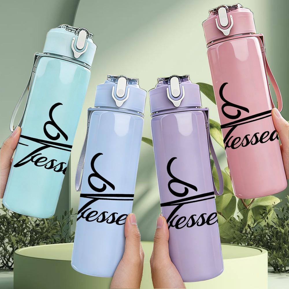 1PC Blessed Cursive Script Art 750ml Color Plastic Sports Water Bottle Leakproof Flip Straw Lid Suitable for Sports Office Home Use