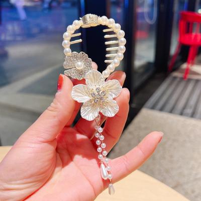 Lady Ponytail Claw Flower Long Tassel Camellia Faux Pearl Shiny Rhinestone Hair Decoration with Teeth