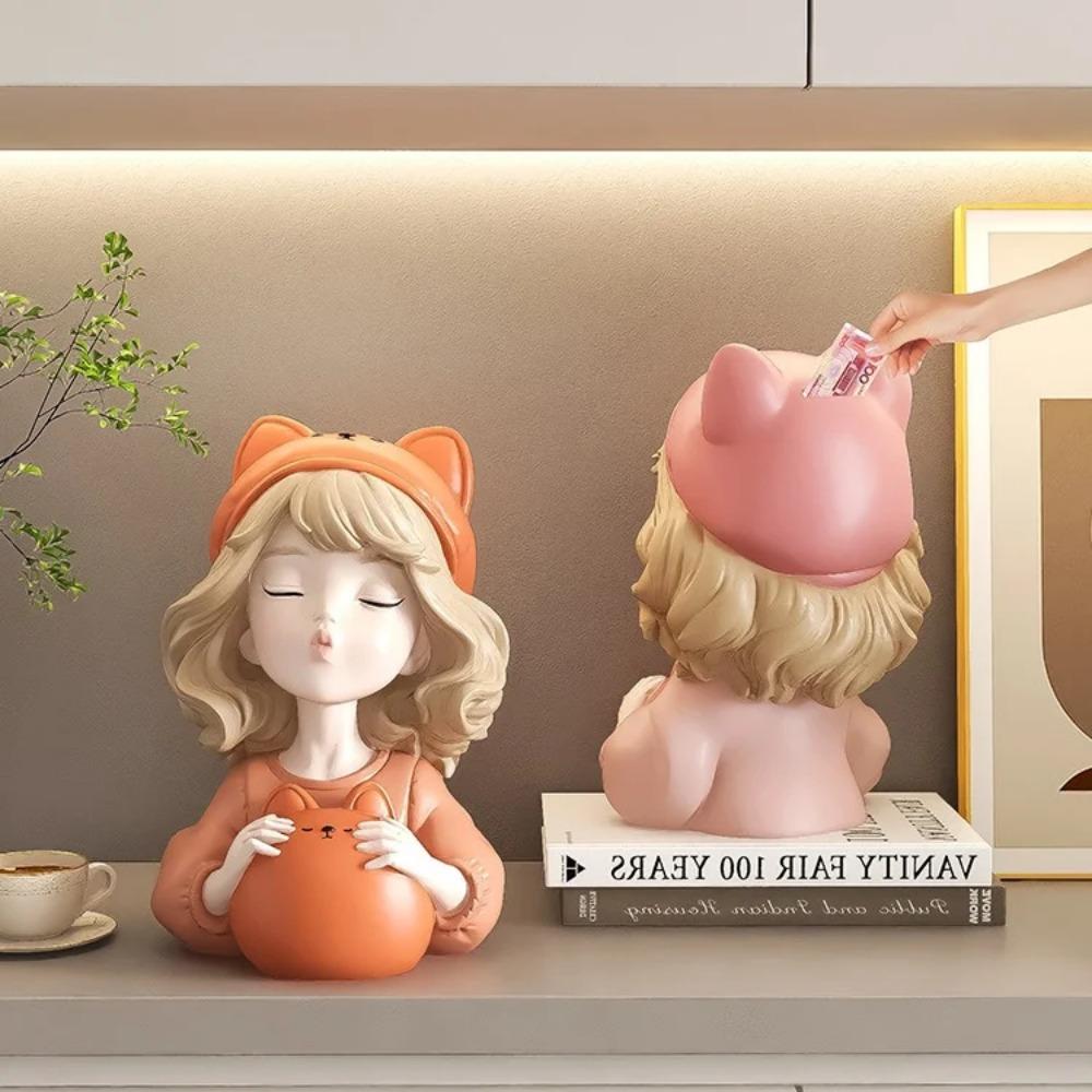Modern Cute Girl Piggy Bank, Room Decoration Accessories, Home Decor Arts and Crafts Supplies, Statue, Sculpture, Birthday Gift