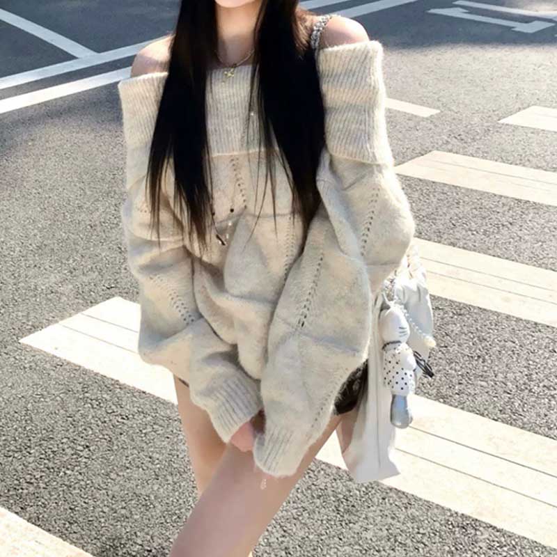 New Fashion Chic Off Shoulder Sweater Women's 2026 Pullovers Autumn Knit Tops Long Sleeve Sexy Elegant Winter Loose Korean Sweaters Basic Clothing
