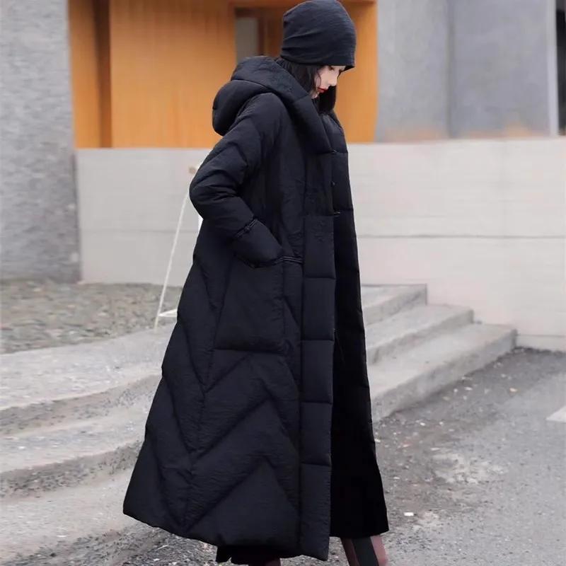 

Женское зимнее теплое толстое свободное длинное пальто с капюшоном, стеганое, в ретро китайском стиле, женская парка 3XL
