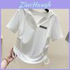 Summer Ice Silk Hooded T Shirt For Women With Irregular Drawstring And Loose Fit