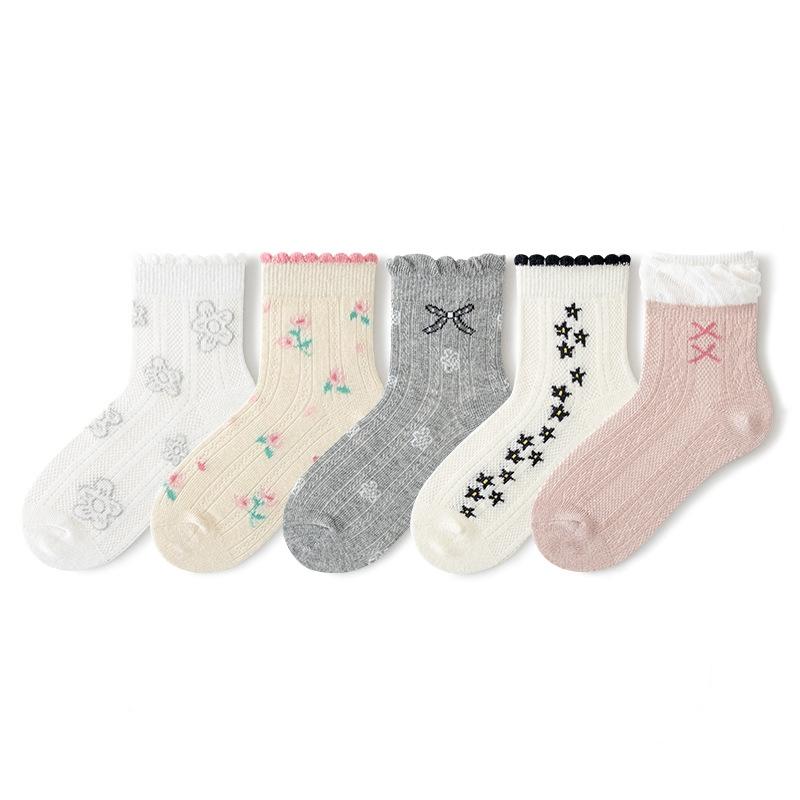 5Pairs/Set Children Girls Mesh Socks Breathable Soft Comfortable Cute Lace Cartoon Thin Daily Walking Wear Baby Socks Summer