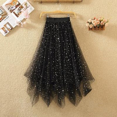 Automne hiver jupes longues femmes maille taille élastique Vintage élégant paillettes étoile gaze jupe mi-longue jupe
