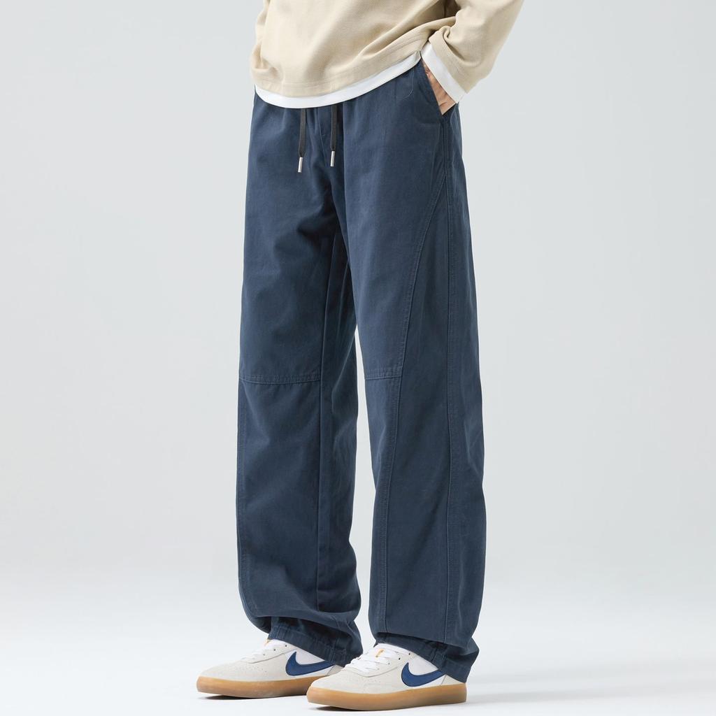 American trendy brand solid color simple and versatile splicing overalls men's loose straight elastic waist sports casual pants