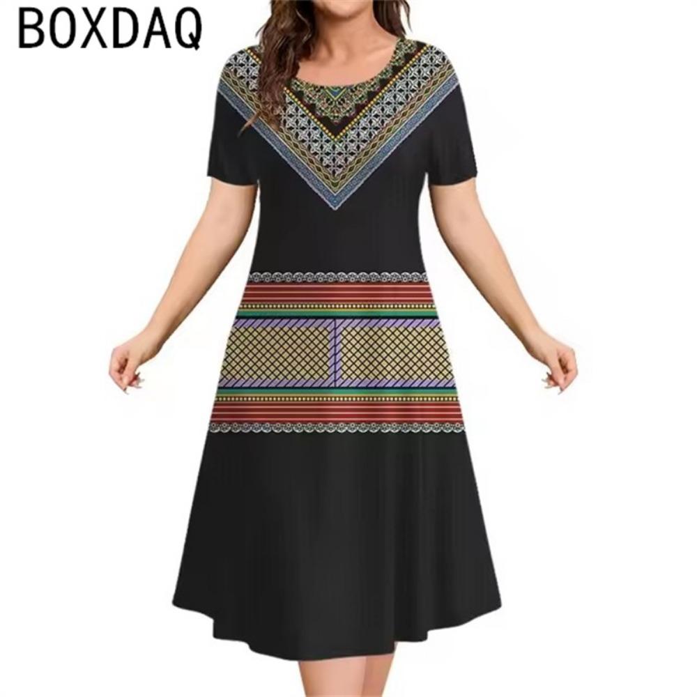 Rochie nouă pentru femei cu imprimeu etnic vintage 3D, rochie de vară cu mânecă scurtă, gât rotund, casual, rochie A-line, rochii supradimensionate pentru doamne