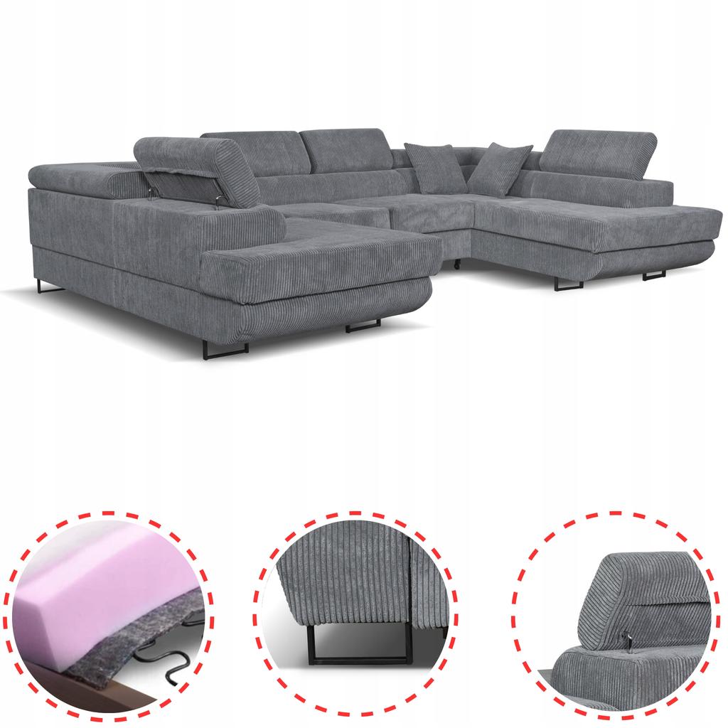 U-shaped Corner Sofa Bed, Extendable F. Savio Family Sleeping Furniture Grey Corduroy