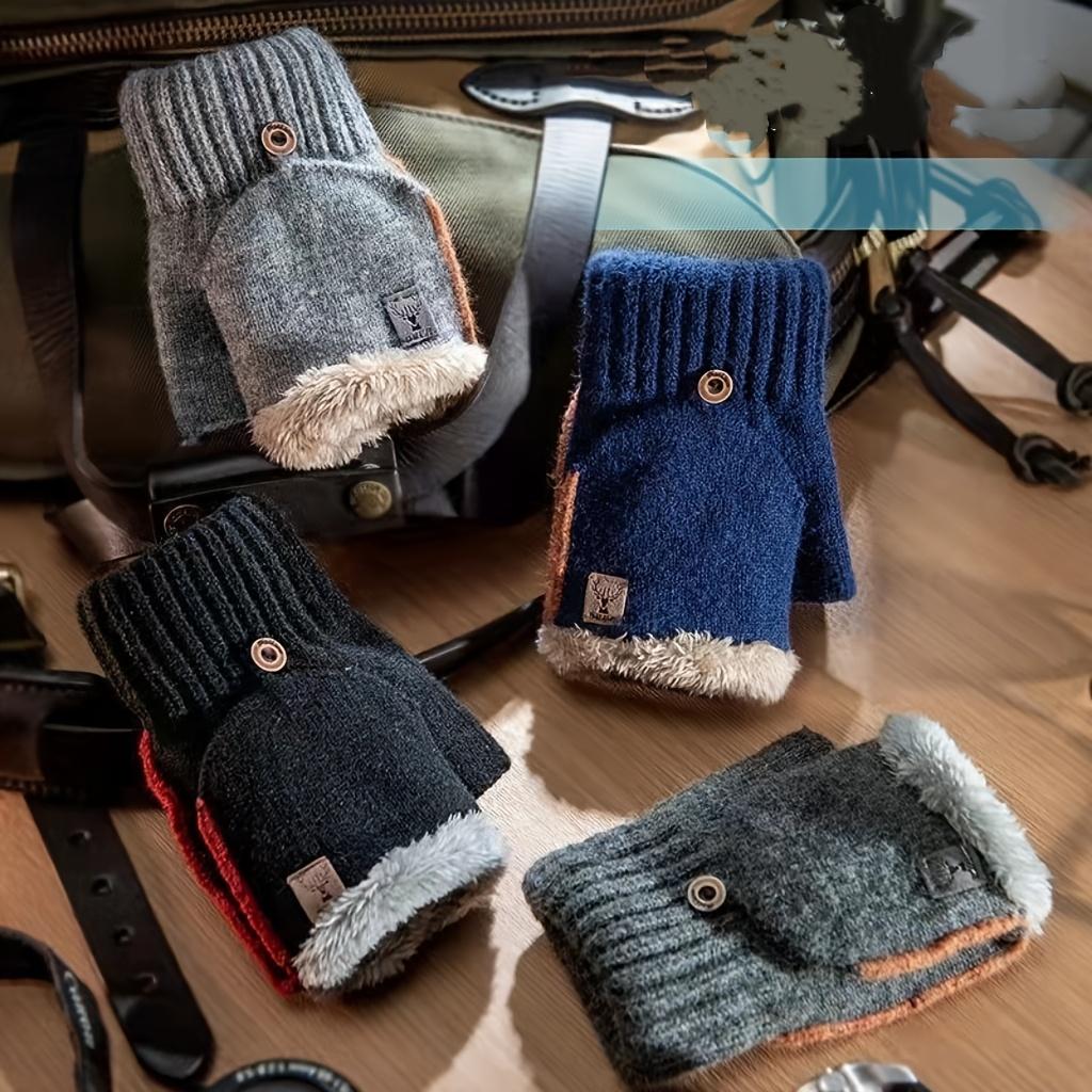 Winter Thick Fleece Lined Flip Knit Gloves, Snap Button Half Finger Touch Screen Mittens with Deer Patch Label, Plush Lined Thermal Warm Gloves