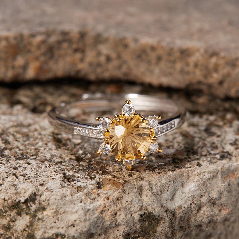 S925 Sterling Silver Natural Color Treasure Citrine Ring Sun Live Daily Light Luxury Lucky Women'S Open Ring