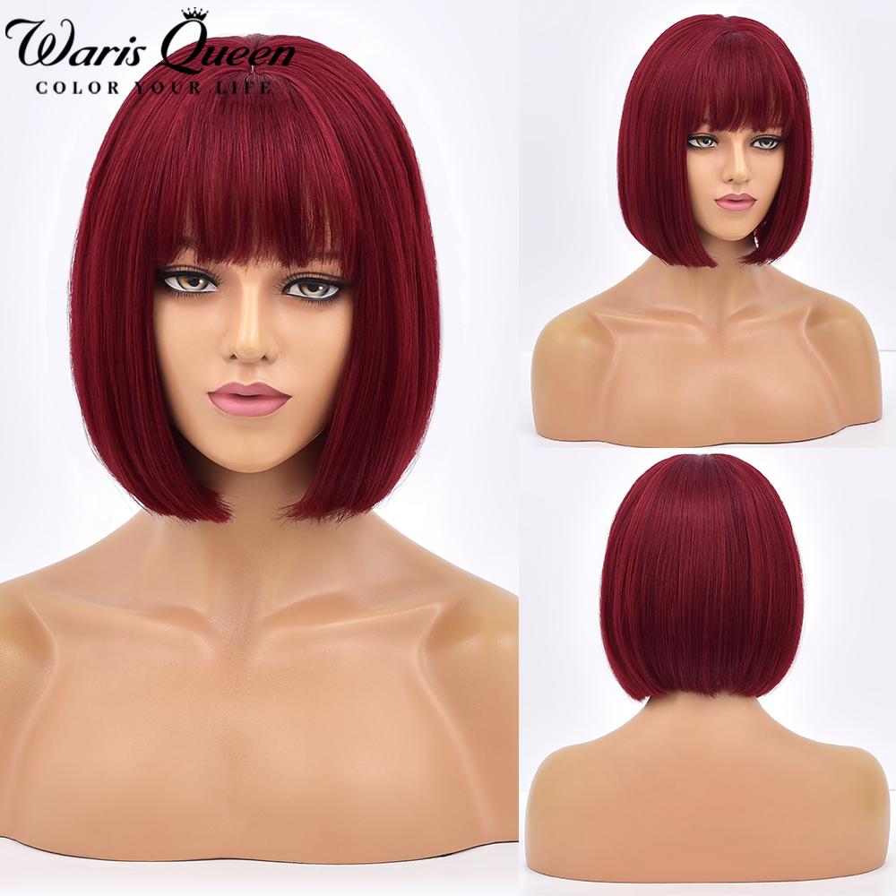 Short Bob Wig With Bangs Synthetic Wigs For Women Straight Ombre Rose Red Pink 12 Inch Heat Resistant Lolita Cosplay Party Hair
