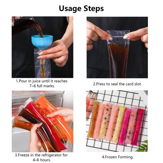 100Pcs DIY Popsicle Bags with Funnel Zip Seal Food-Grade PP Ice Pop Molds Easy Fill Milkshake Freezer Bags for Juice Yogurt Smoothies