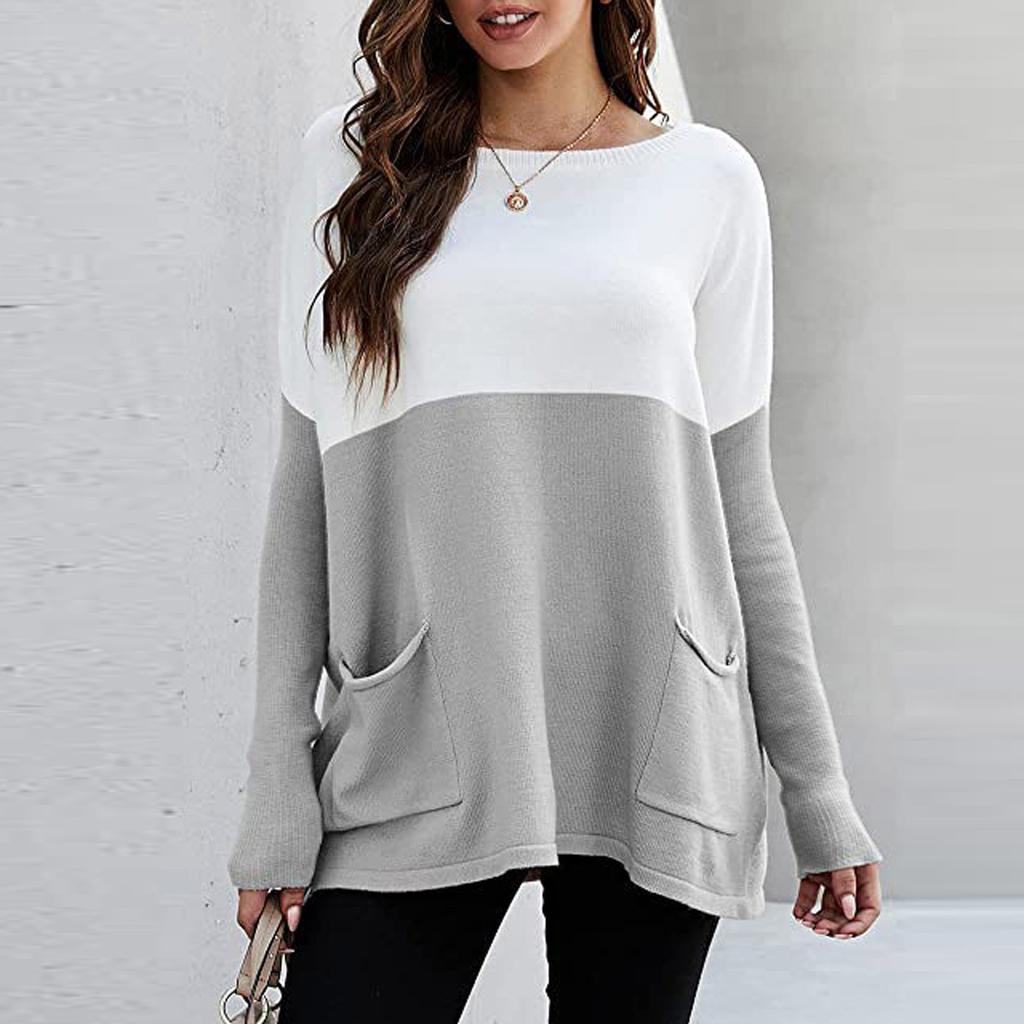 Women’s Causal Loose Pockets Sweater Color Block Knit Pullover Off Shoulder Tops