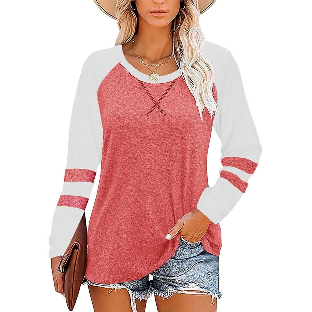 Ladies' Casual And Fashionable Color Blocked Round Neck Long Sleeved Casual Loose T-shirt Top