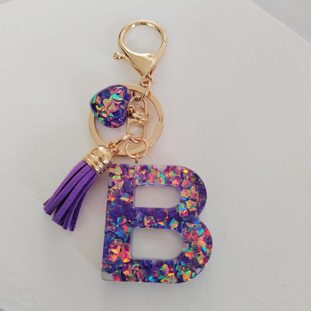 Candy Color Sequin Letter Keychain with Iridescent Heart and Tassel Charm