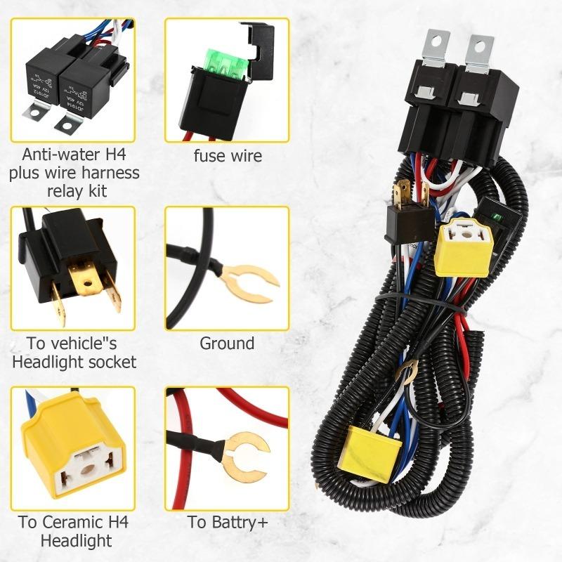 H4 LED Headlight Wiring Harness Negative Switched Conversion Fused Relay Harness Kit for Subaru Toyota