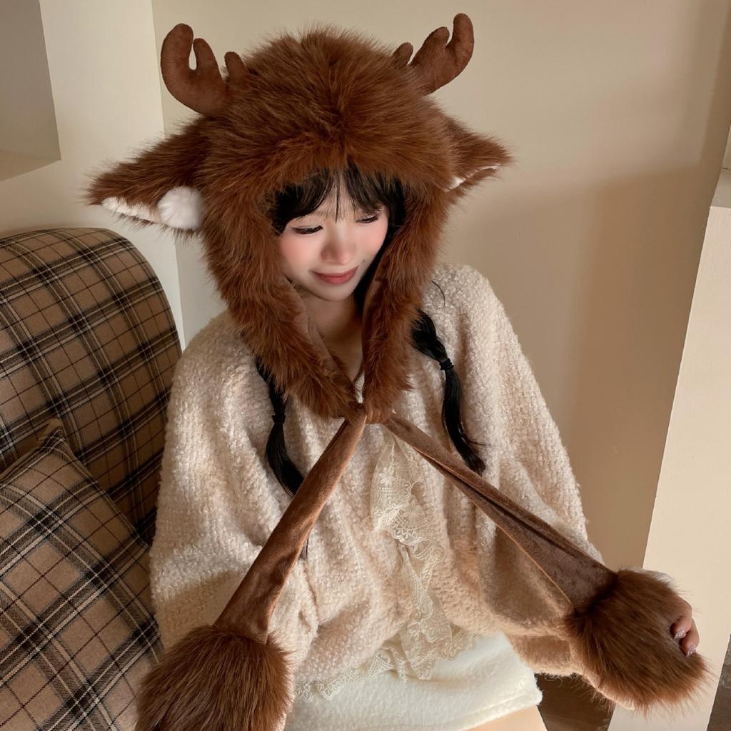 2025 Design Christmas Elk Horns Teddy Fleece Thunder Hat Women's Season Fleece Straps Ear Protectors Versatile