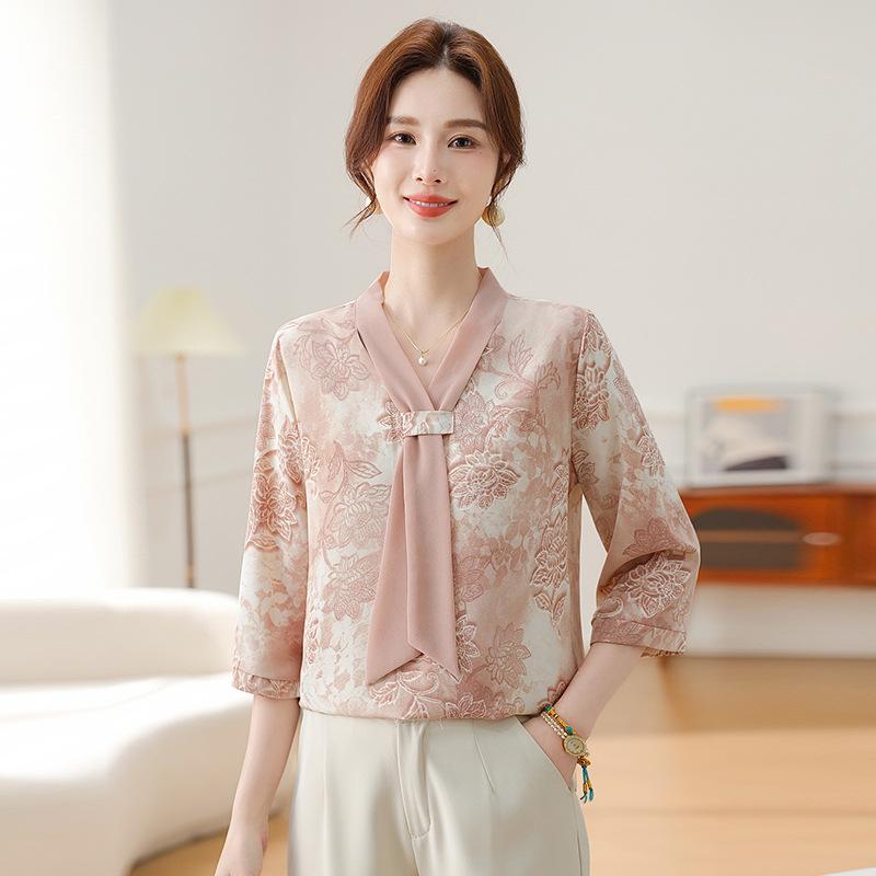 

Fashion Printed Spring and Autumn Shawl Collar Women s Fashion Floral Checked Mid Sleeved Loose Chiffon Tops 5XL