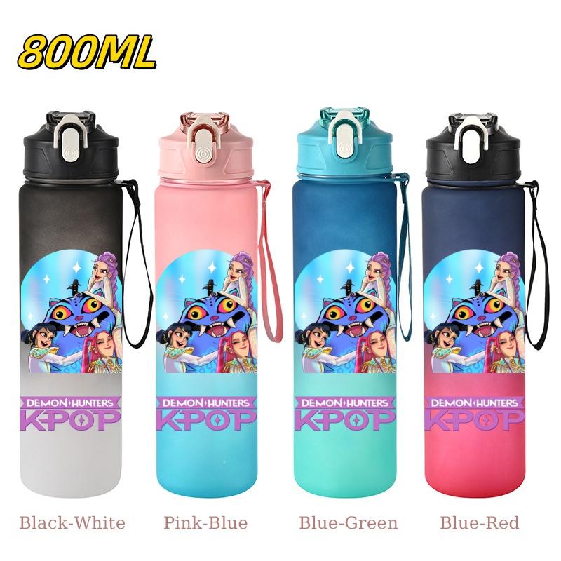 800ML KPop Demon Hunters Gradient Cartoon Print Large Capacity Straw Water Cup Outdoor Portable Sports Drink Bottles Travel Mug