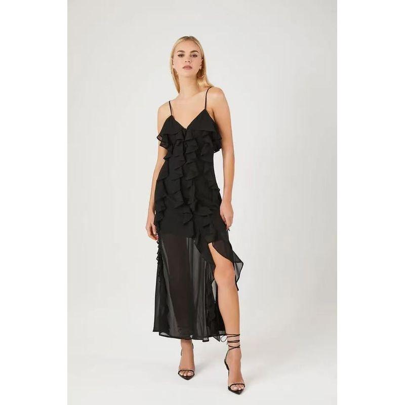 

Fashion Niche Original Order High Quality Chiffon Frill V-neck Temperament Dress Long dress Black S