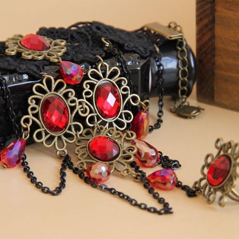 Vintage Spitzenarmbänder Schwarze Spitze Gothic-Armbänder Spitzen-Handschmuck für Damen und Mädchen Kristall Cosplays Anhänger Schmuck