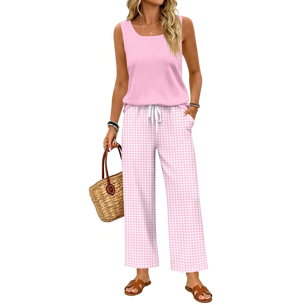 Ärmelloses Tanktop und karierte Weitbein-Hosen-Set für Damen Leichtes zweiteiliges Outfit Geeignet für Reisen, Urlaub und Freizeit zu Hause