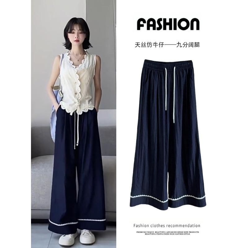 

Lace splicing Tencel denim wide-leg pants women s pants elastic summer thin loose casual high-waisted straight nine-point pants XL синий