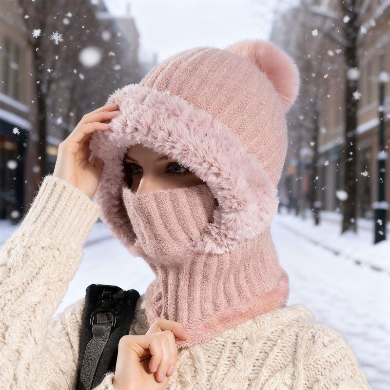Women Hooded Cap Winter Knitted Balaclava Hat Ear Protection Fluffy Hat Lady Mask Neck Integrated Warmth Cover Hat