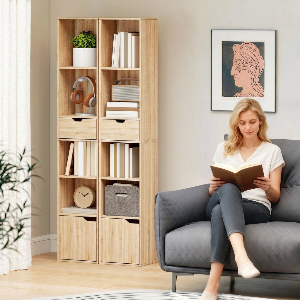 Bookcase Storage Unit, Drawer, Cupboard, Open Compartments, 30 x 24 x 158 cm, Natural