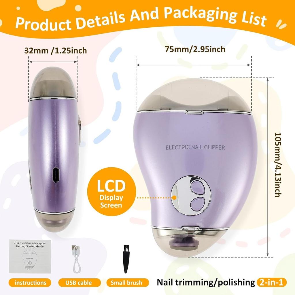 Electric Nail Clipper 3 Speeds Levels Electric Nail Trimmer with Nail Clip Storage Rechargeable Automatic Nail Clipper Portable Electric Fingernail