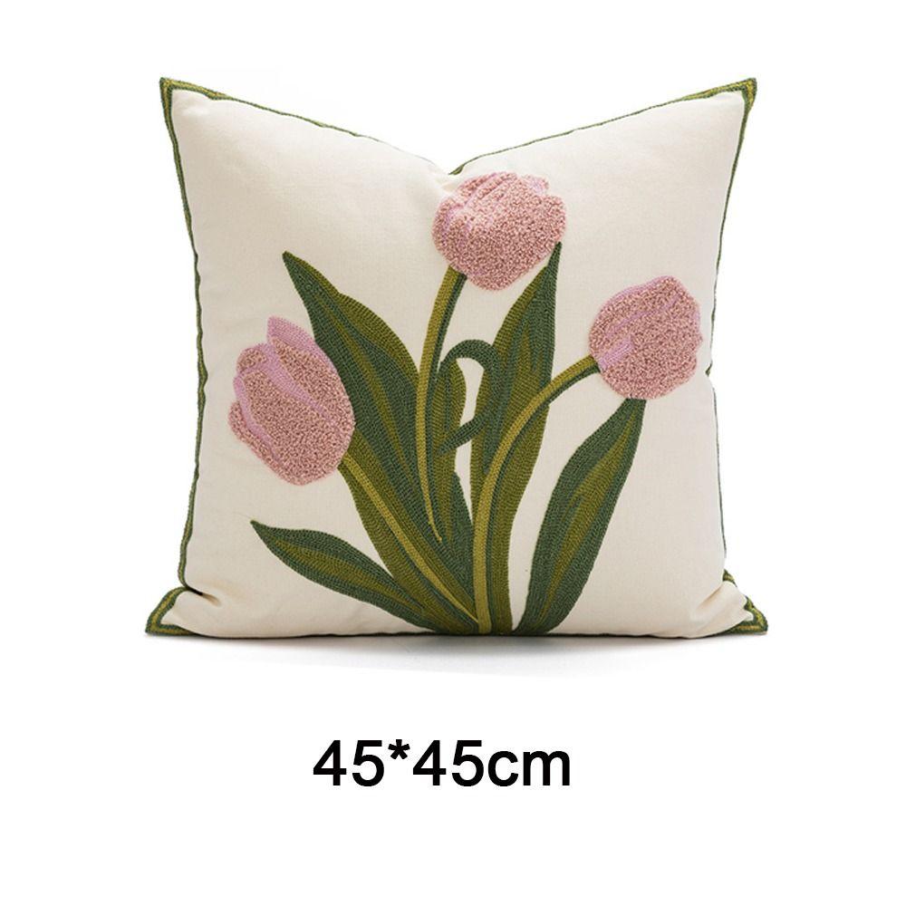 Embroidered Flower Tulip Pattern Pillowcase Square Cushion Cover Spring Throw Pillowcover Sofa/Bed