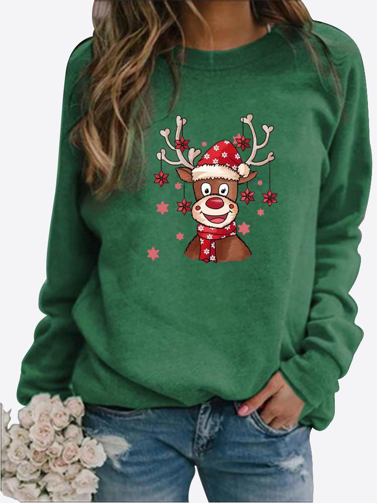 Vinter, uformelt langermet genser med julenisse-trykk, dame-t-skjorte med rund hals, løs t-skjorte i plussstørrelser Langermet genser