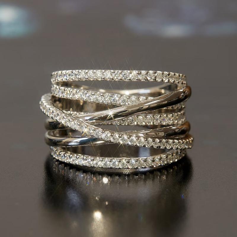 Multi Layered Cross Design Ring Lady Fashion Wide Finger Jewelry Silver Color Bright Zirconia Accessories for Daily Party