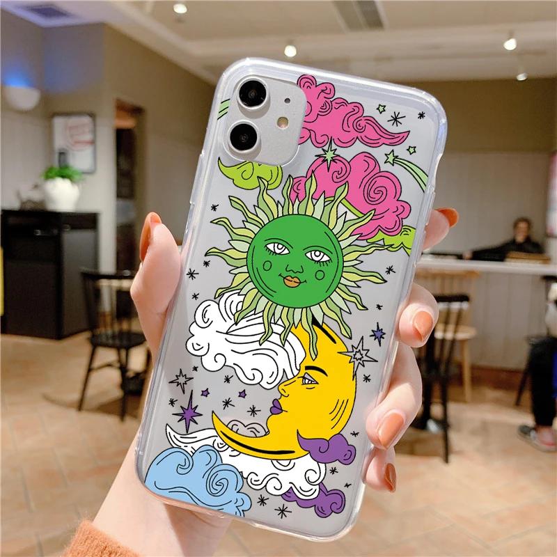 Funny Sun Moon Face Shockproof Phone Case For iPhone 15 14 11 12 13 Pro MAX Mini XS XR SE 14 Plus Fundas Transparent Back Covers