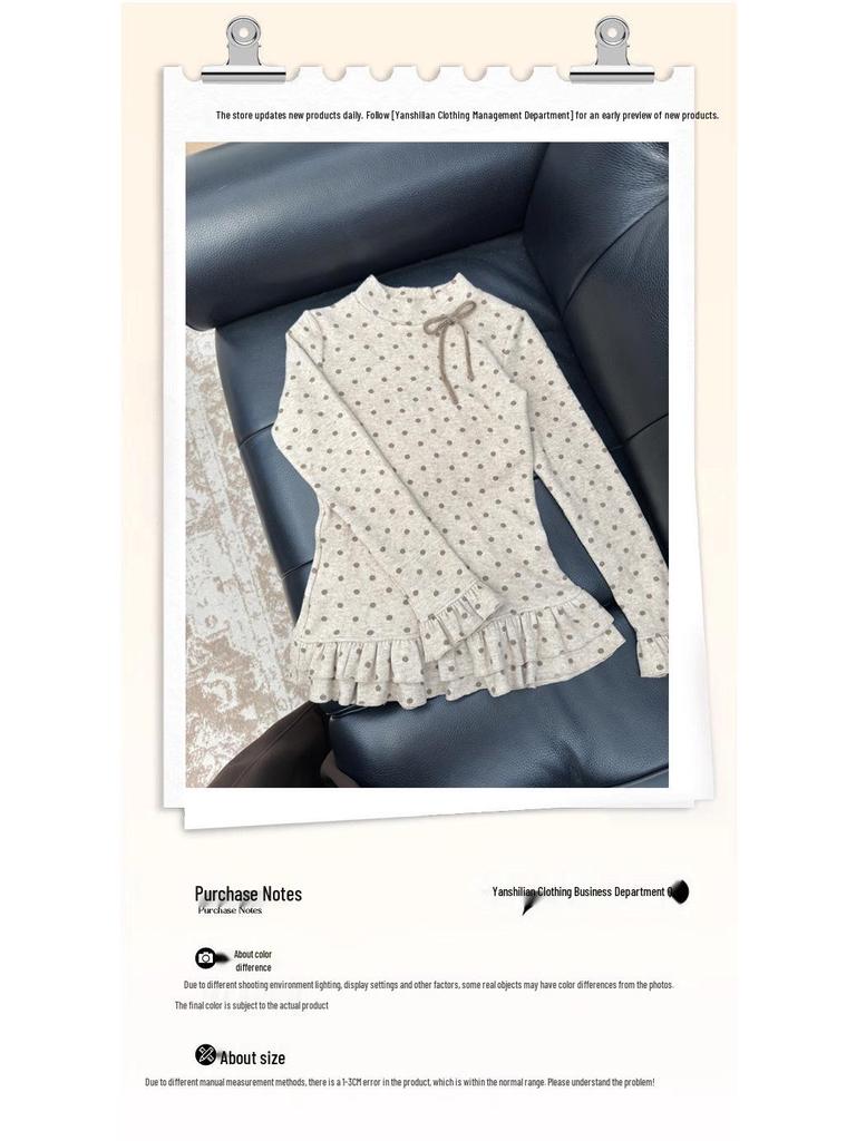 Women's Slimming Polka Dot Ruffle Long Sleeve Top with Bowknot - Autumn/Winter Layer
