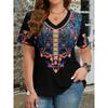 Ethnic Style T-Shirts Vintage Floral 3D Print Women's V-Neck Short Sleeve T Shirt Y2k Harajuku Tees Casual Tops Female Clothing