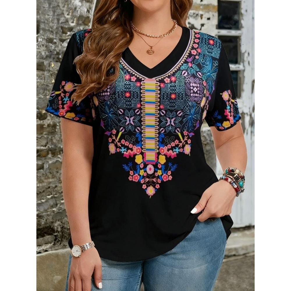 Ethnic Style T-Shirts Vintage Floral 3D Print Women's V-Neck Short Sleeve T Shirt Y2k Harajuku Tees Casual Tops Female Clothing