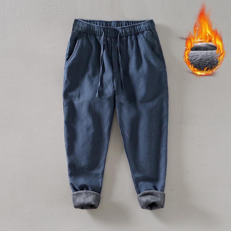 L8234 Men's Retro Loose Straight-Leg Cotton Pants - Warm Fleece-Lined, Drawstring, Long Fit