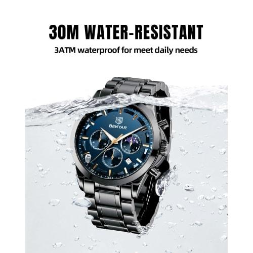 BENYAR Men's Watch Analog Quartz Movement Chronograph Watch Casual Sports Design Stainless Steel Strap 30M Waterproof Elegant Gift for Men Black Blue